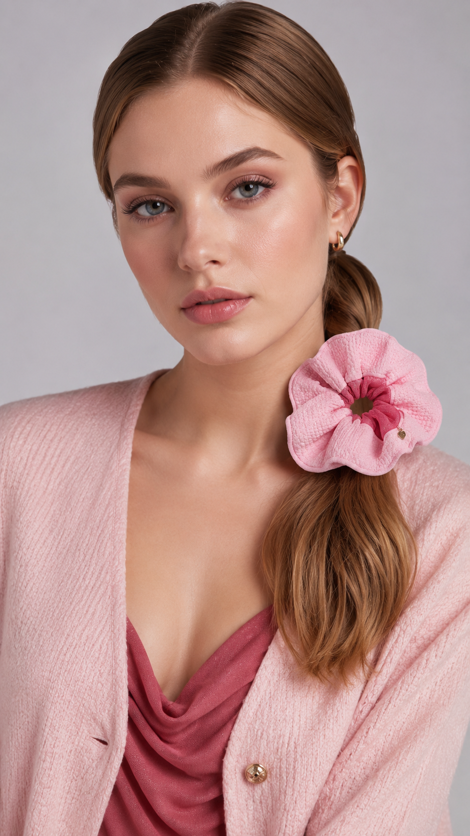Model wearing a pink floral BetterHalo scrunchie