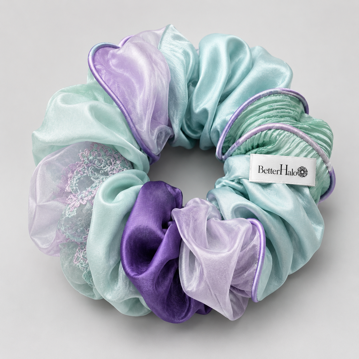 Lilac and mint BetterHalo scrunchie with layered handmade details