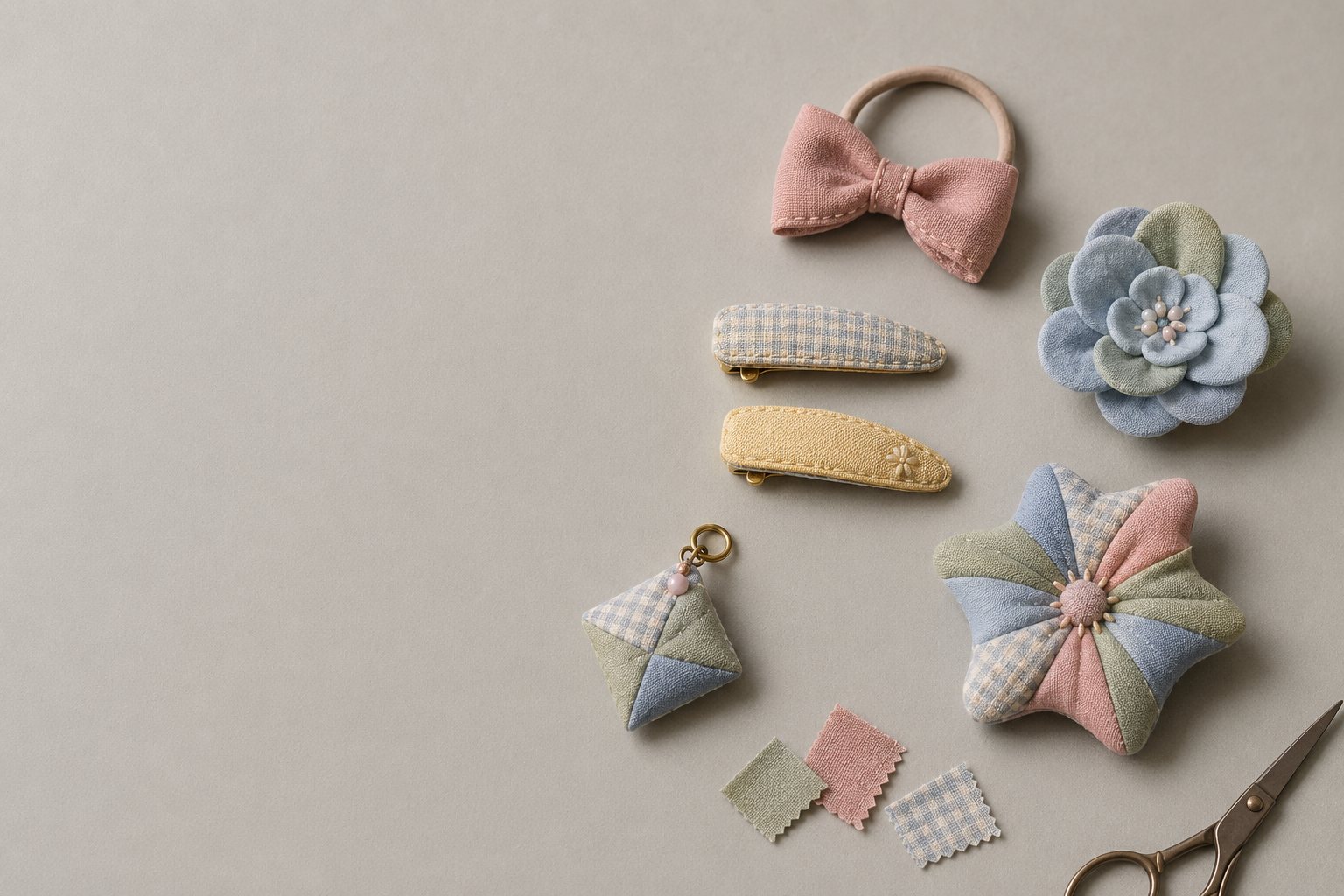 BetterHalo Studio Leftovers collection of handmade bow hair tie, fabric flower, mini clips, quilted charm and one-of-one patchwork accessory