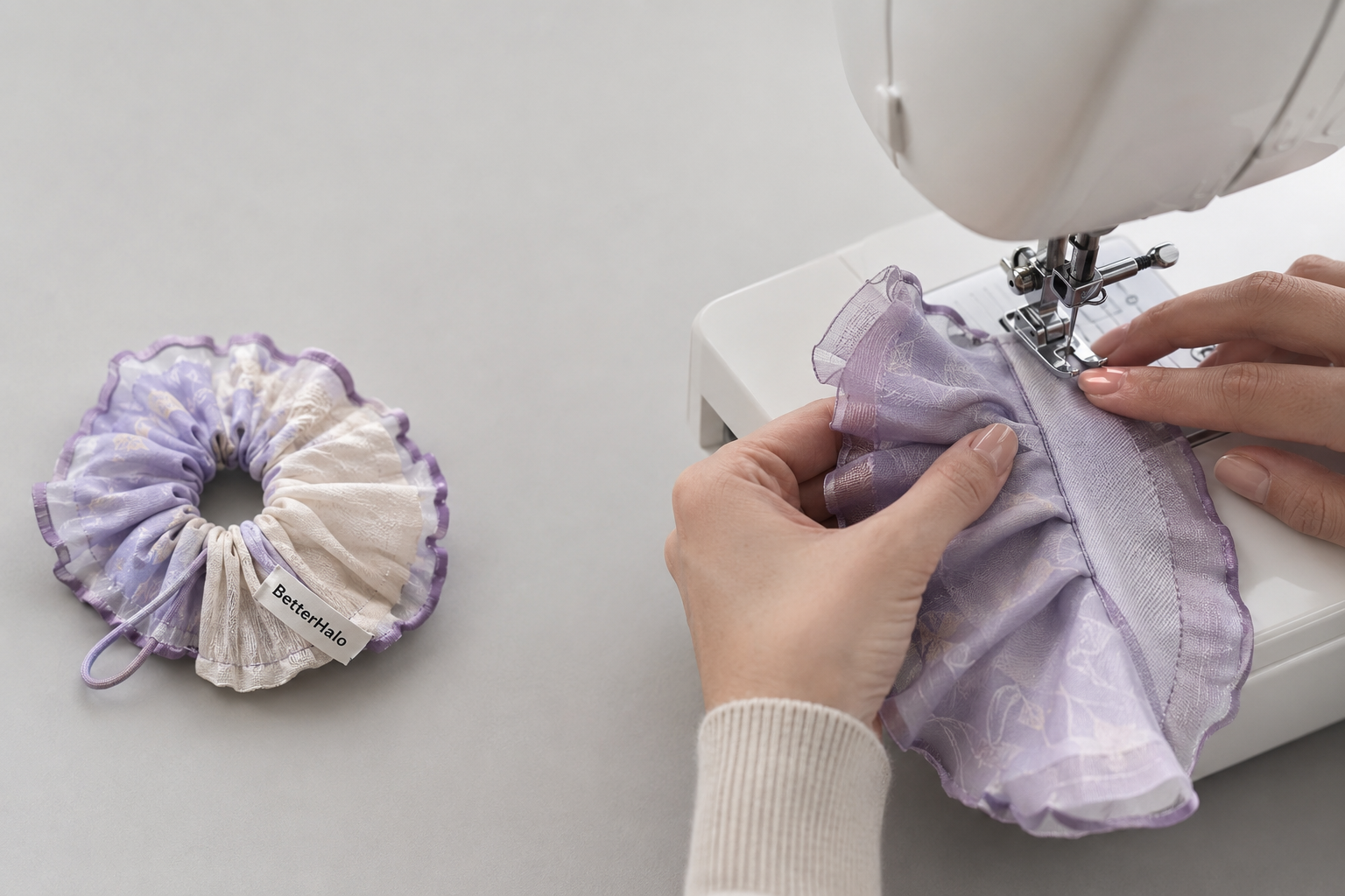 A maker personally guiding a BetterHalo scrunchie through the sewing machine