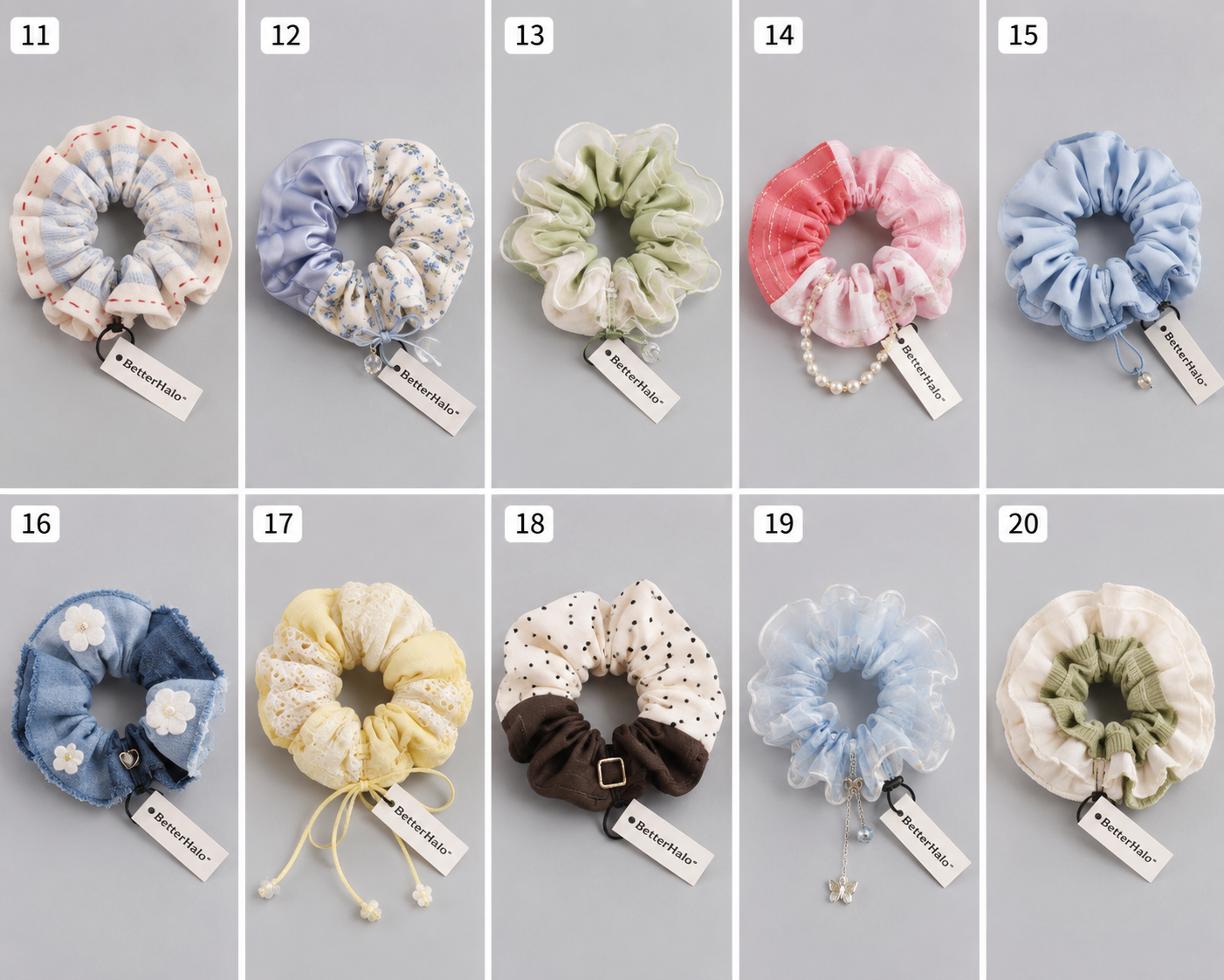 A selection of BetterHalo ready-made scrunchies